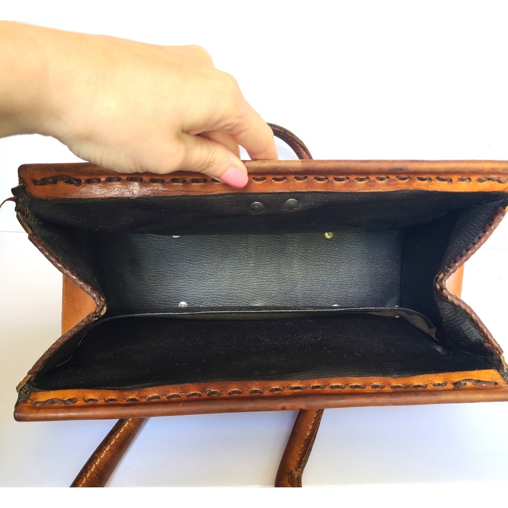 Vintage Brown Leather Tooled Handbag Western Boho Turn‎ Lock Festival Rustic - Picture 3 of 10